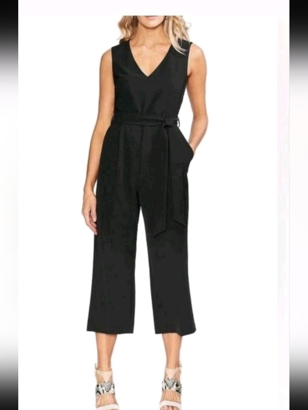 Vince Camuto Women's Black V-Neck Tie Front Sleeveless Jumpsuit Size 8